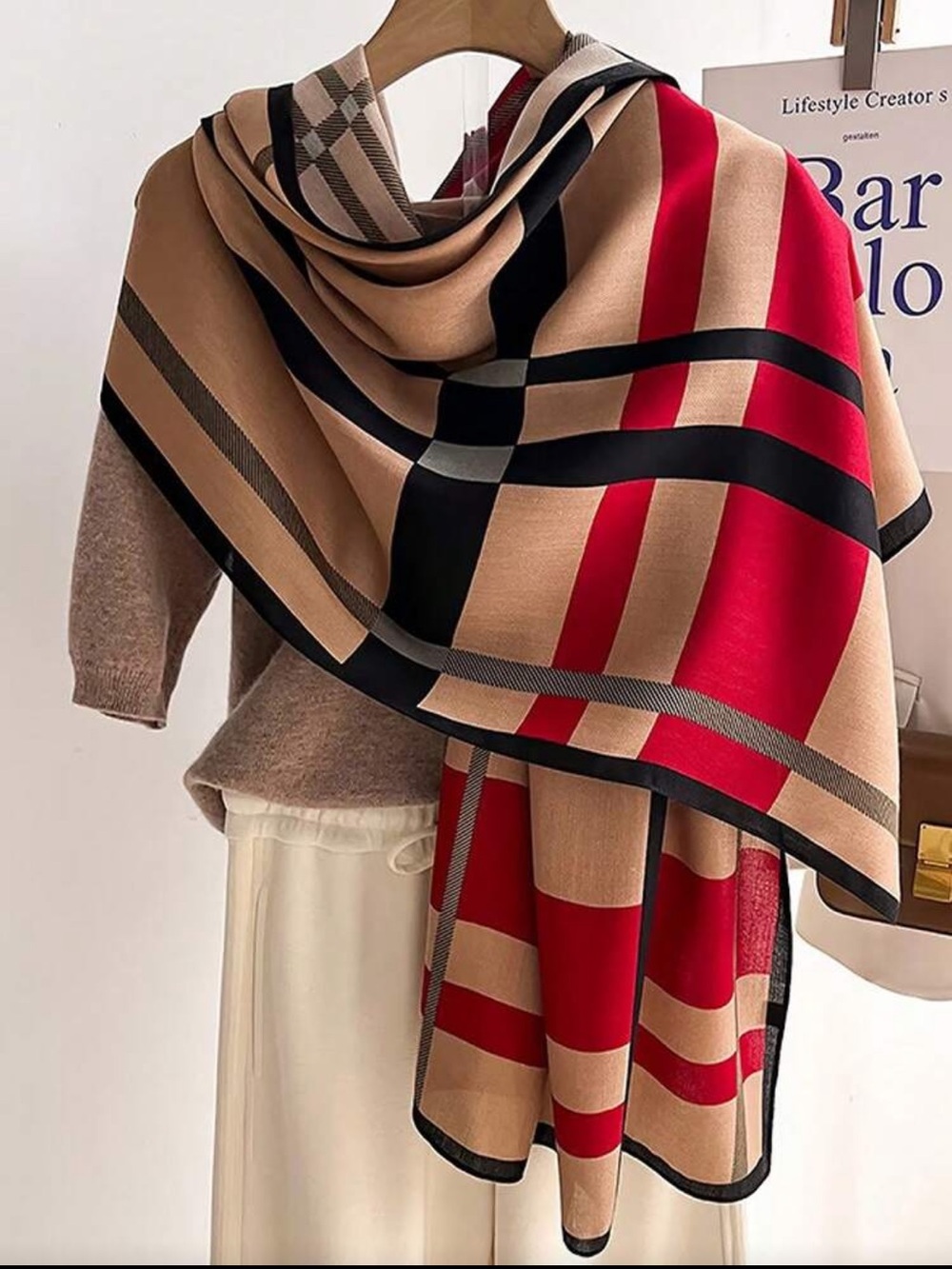 Khaki Check Plaid Women's Scarf - Red & Khaki